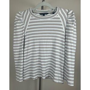 Veronica Beard Delano Stripe Puff Shoulder Stretch Cotton Rib Top Long Sleeve M